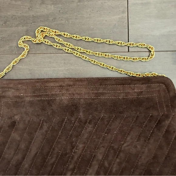 1960 1970 Vintage Brown Suede Pleated Fabric Clutch Handbag Gold Chain Purse - Picture 6 of 12